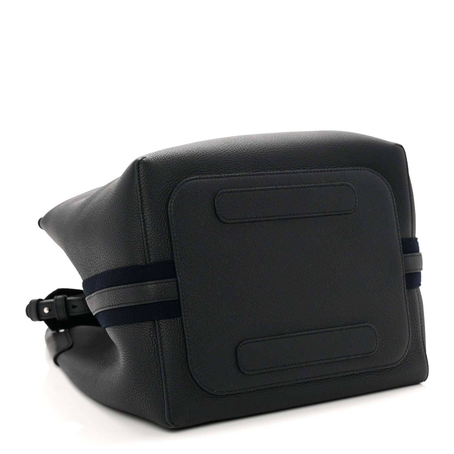 Dark navy leather bag with front flap panel and adjustable shoulder strap
