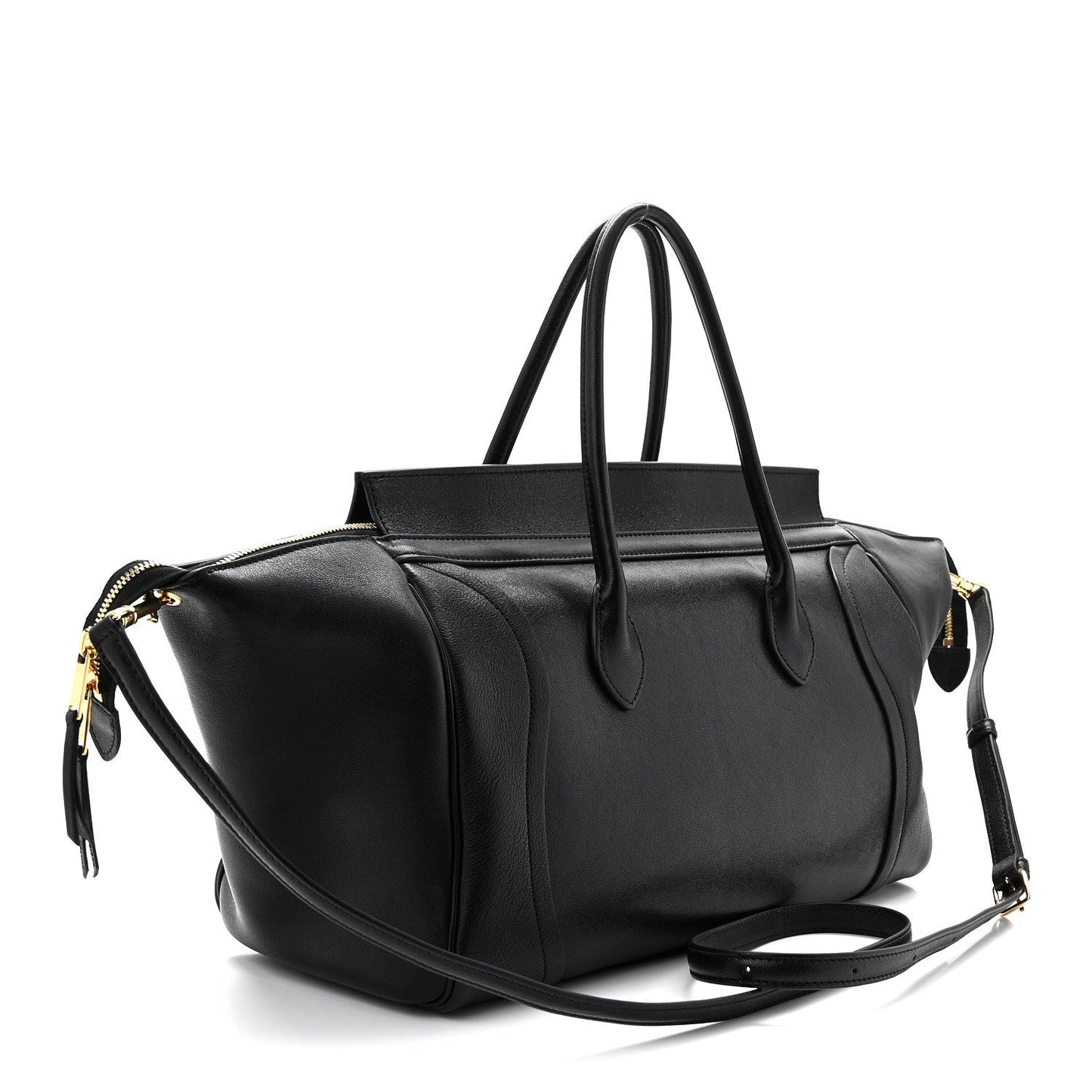 Celine black leather medium tote with crossbody strap and gold zipper details