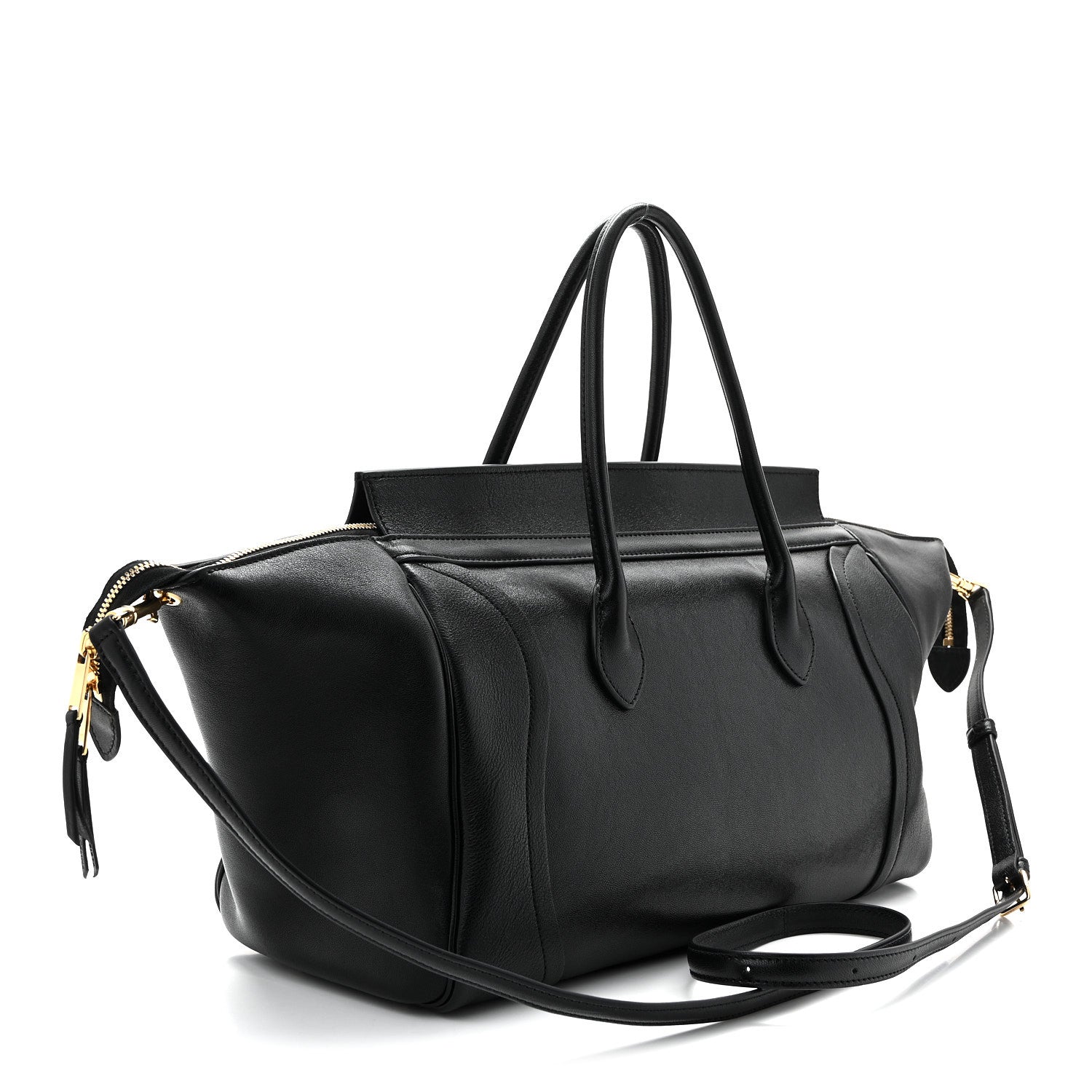 Celine black leather medium tote with crossbody strap and gold zipper details