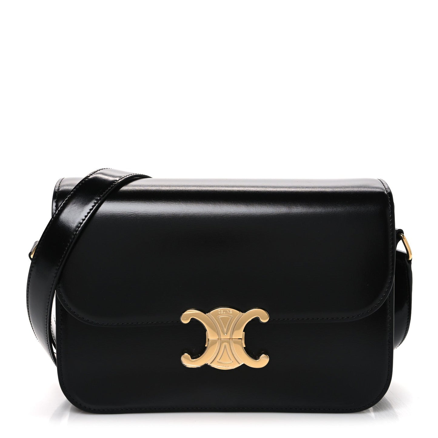 Shiny calfskin medium shoulder bag in black with gold Triomphe logo and shoulder strap