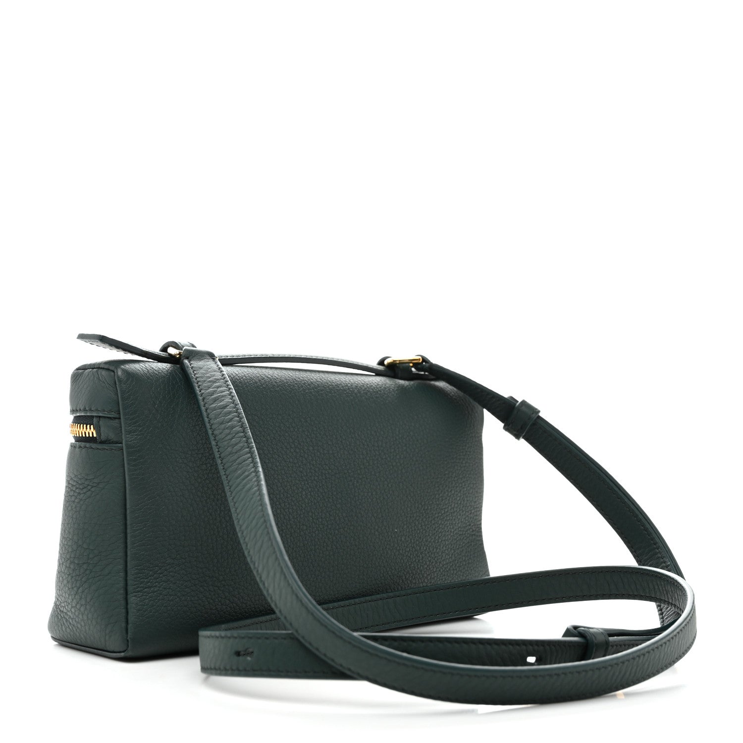 Grained calfskin crossbody pouch in dark green with gold zipper and leather strap.