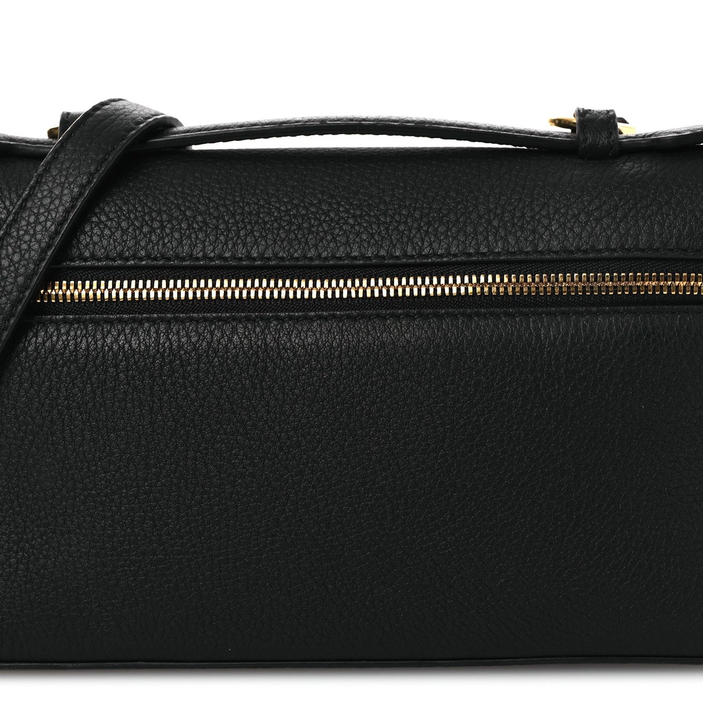 Black grained calfskin pouch with gold-tone zipper and leather top handle