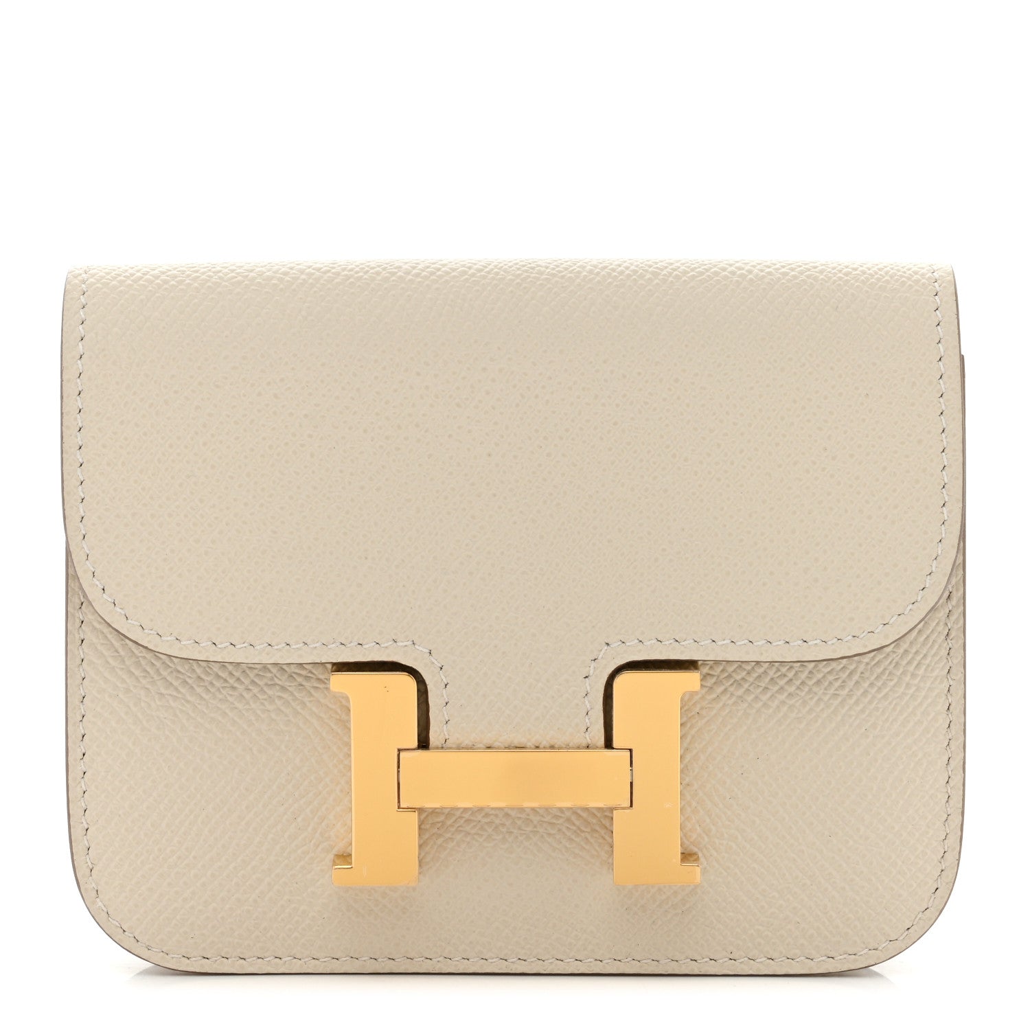 Slim wallet with flap and gold H clasp, light cream textured leather