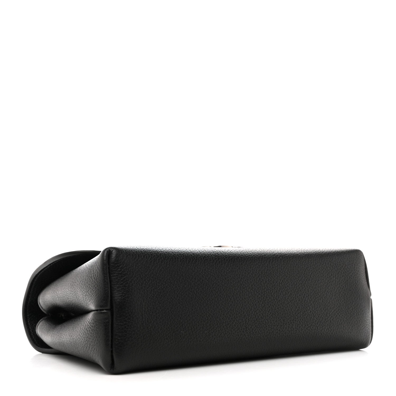 Black leather shoulder bag with rounded base and gathered flap detail