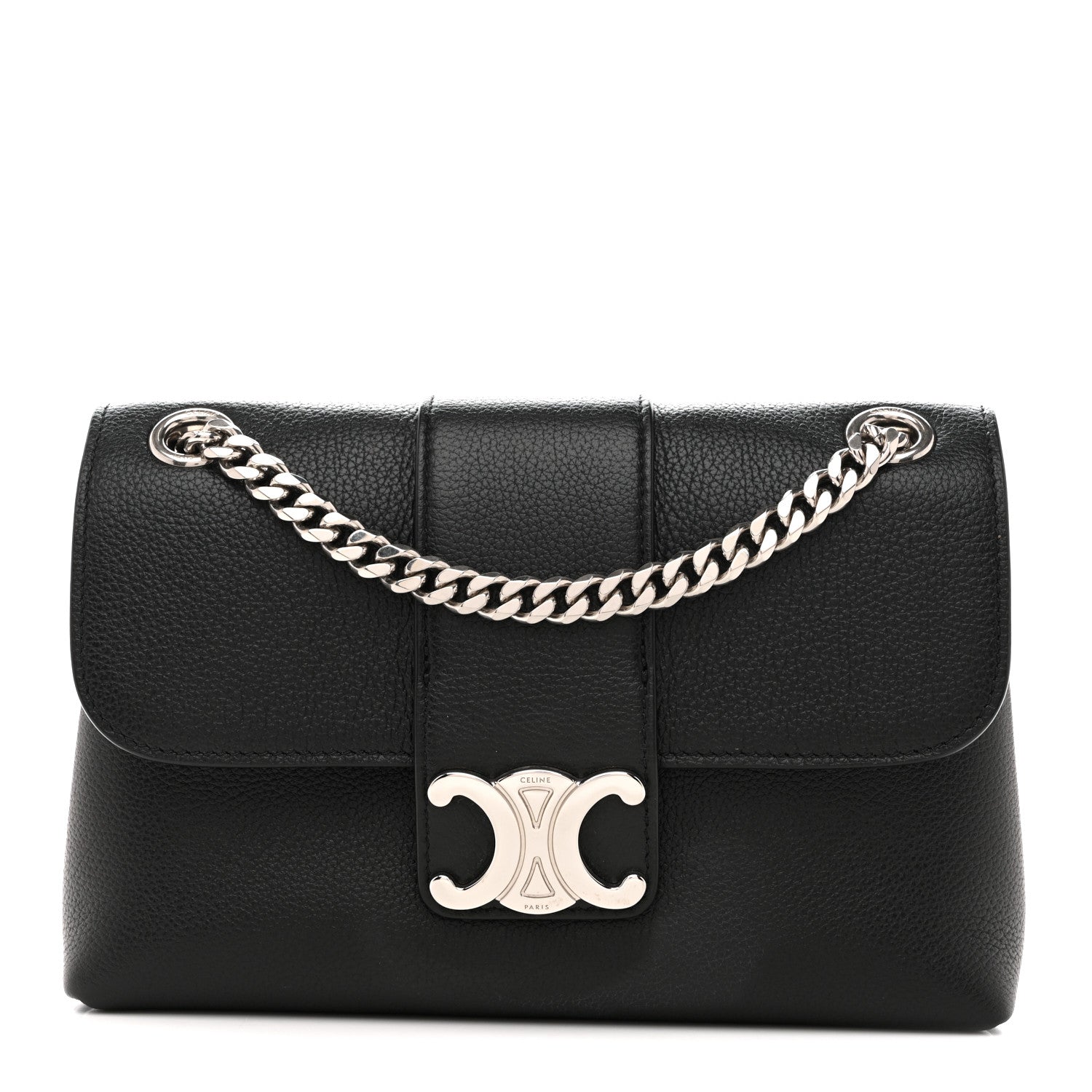 Black leather shoulder bag with chain strap and silver C logo clasp