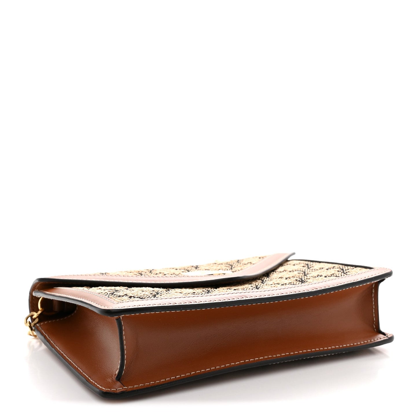 Tan jacquard flap wallet on chain with brown leather base and side edge