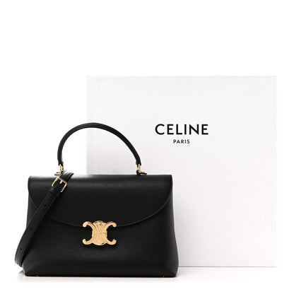 Celine black calfskin medium Nino handbag with curved top handle, long strap, gold clasp
