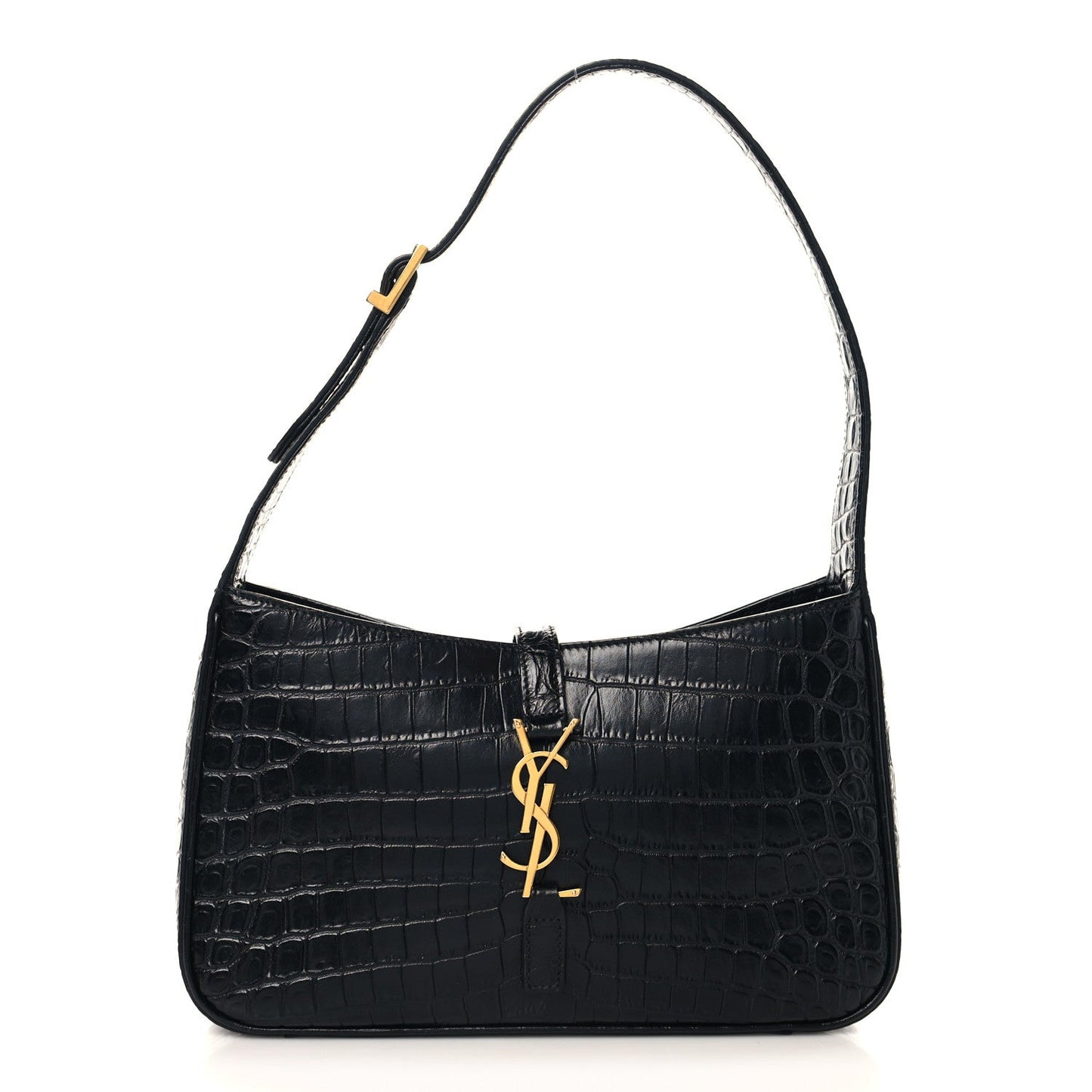 SAINT LAURENT Calfskin Crocodile Embossed Le 5 A 7 Hobo Shoulder Bag Black