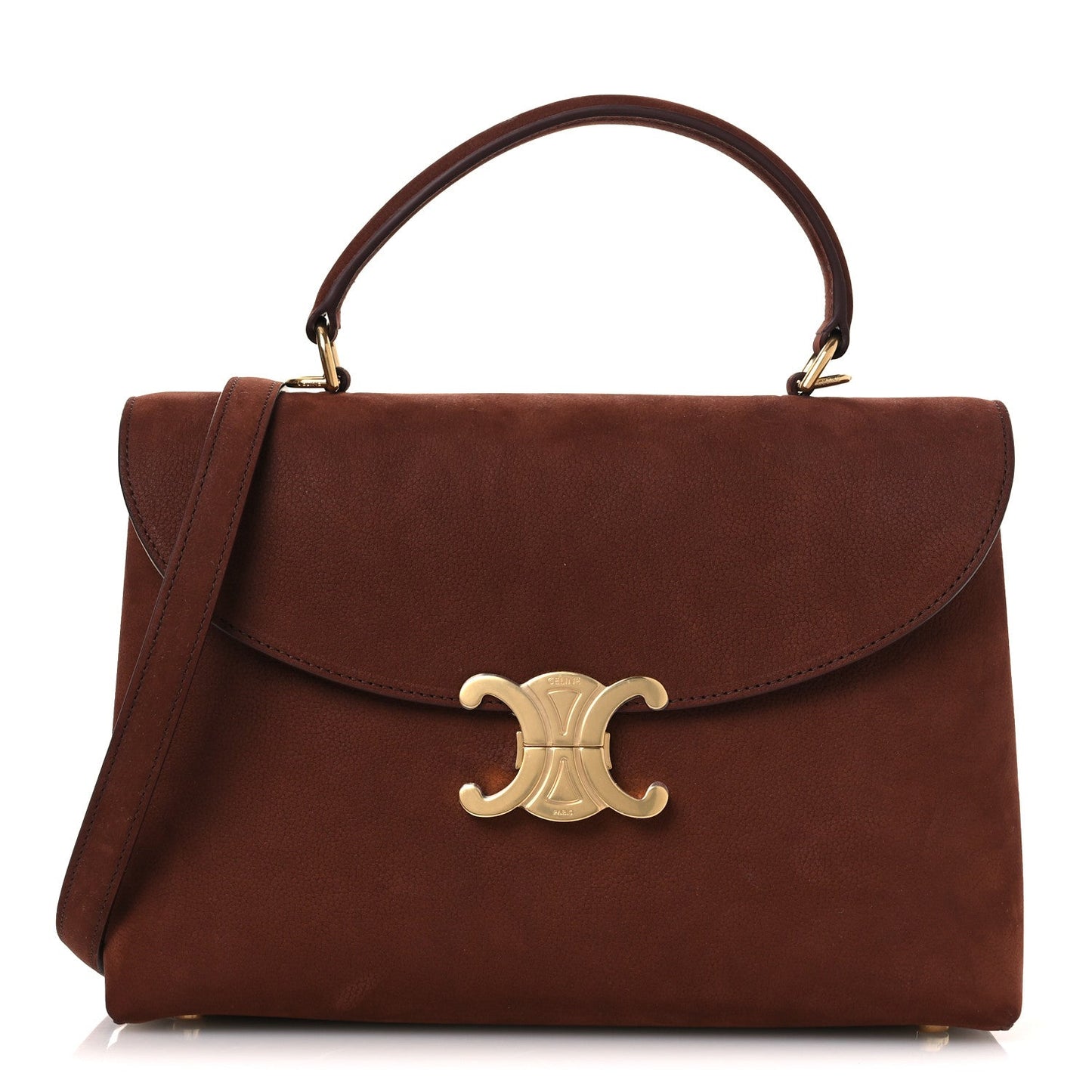 Chestnut brown leather satchel with flap, top handle, Celine logo clasp.