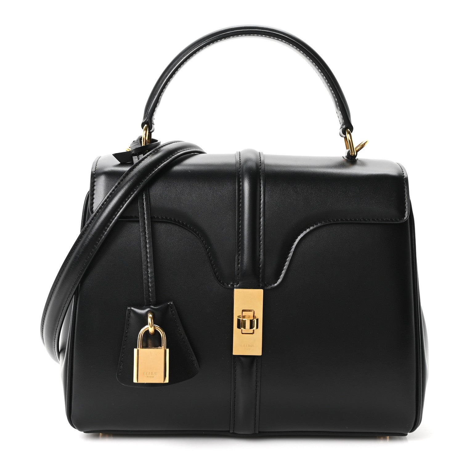 Celine mini top-handle bag in black leather with gold lock hardware and front flap