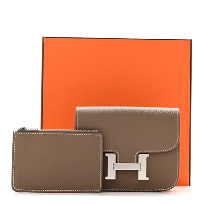 Taupe slim wallet with front H clasp and matching small card holder