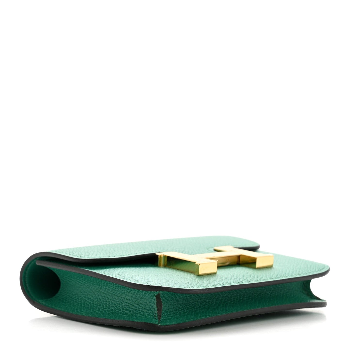 Green leather slim wallet with gold front clasp and curved edge profile
