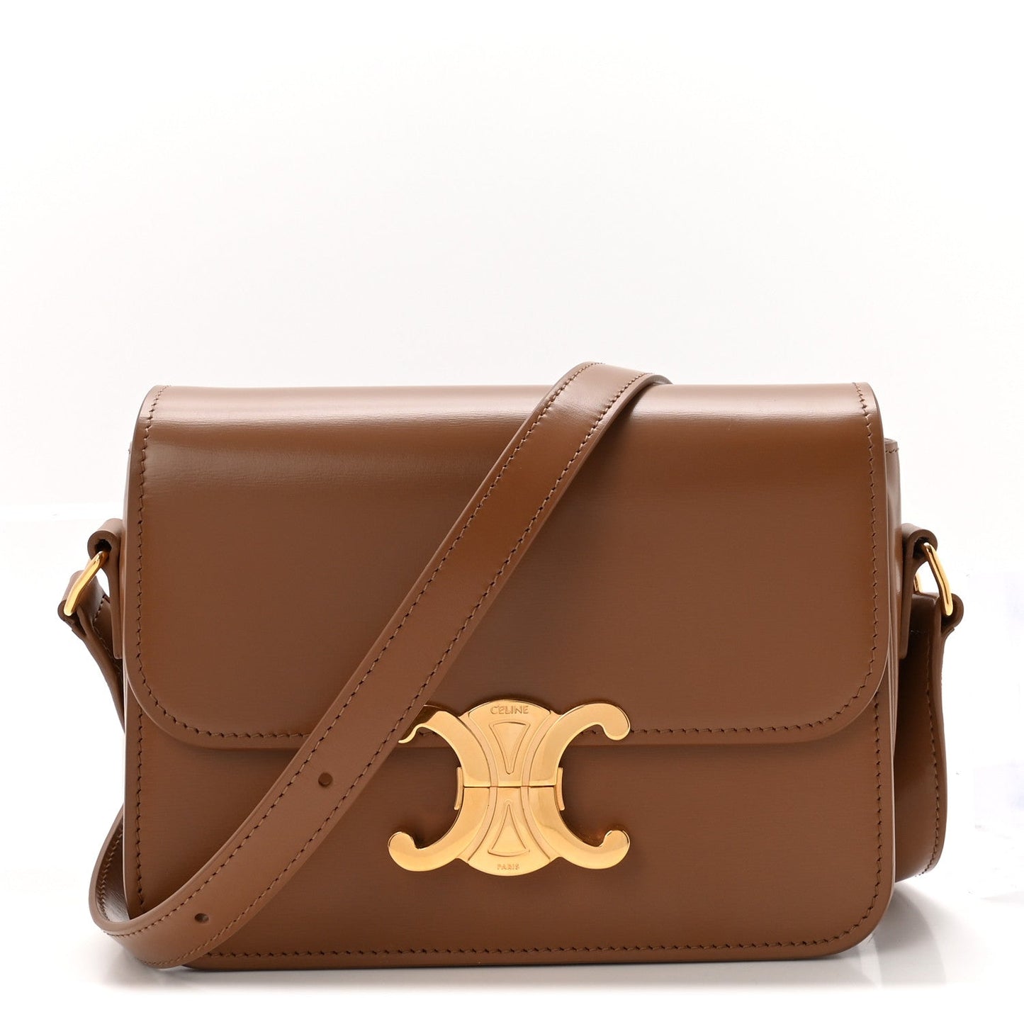 Bronze flap crossbody bag with gold Celine Triomphe clasp and stitched edges