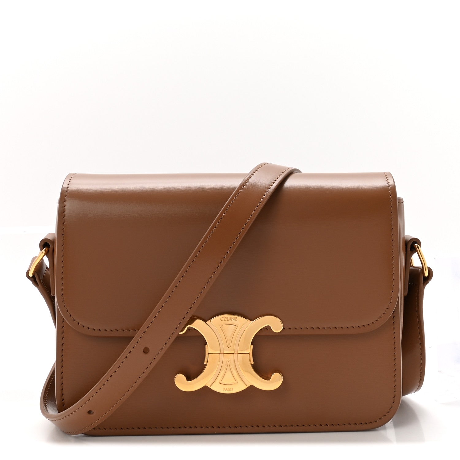 Bronze flap crossbody bag with gold Celine Triomphe clasp and stitched edges