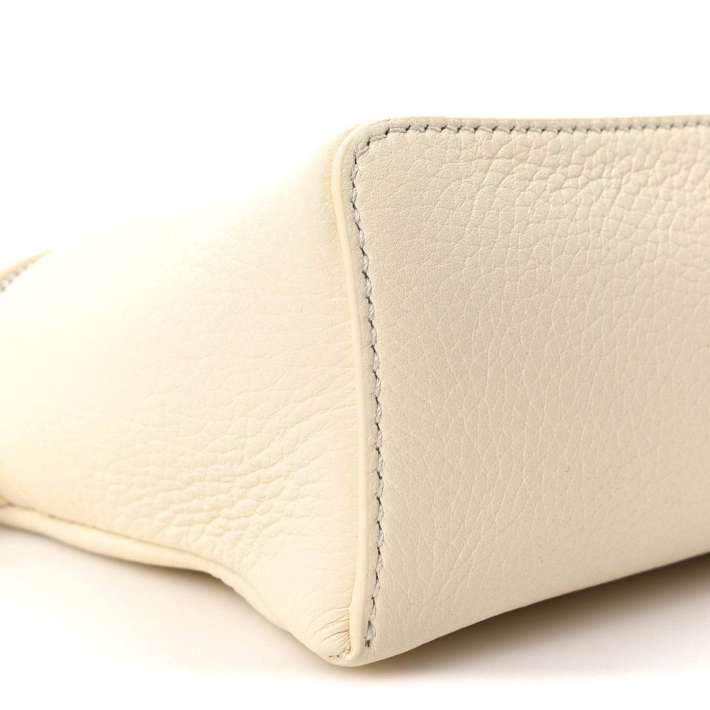 Loro Piana grained calfskin pouch corner with stitched edge and structured base