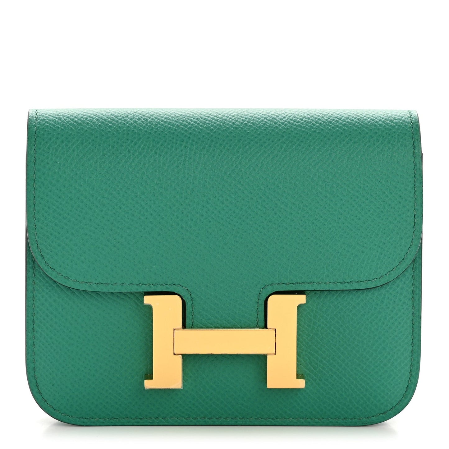 Hermes Constance Slim wallet in textured green leather with gold H clasp