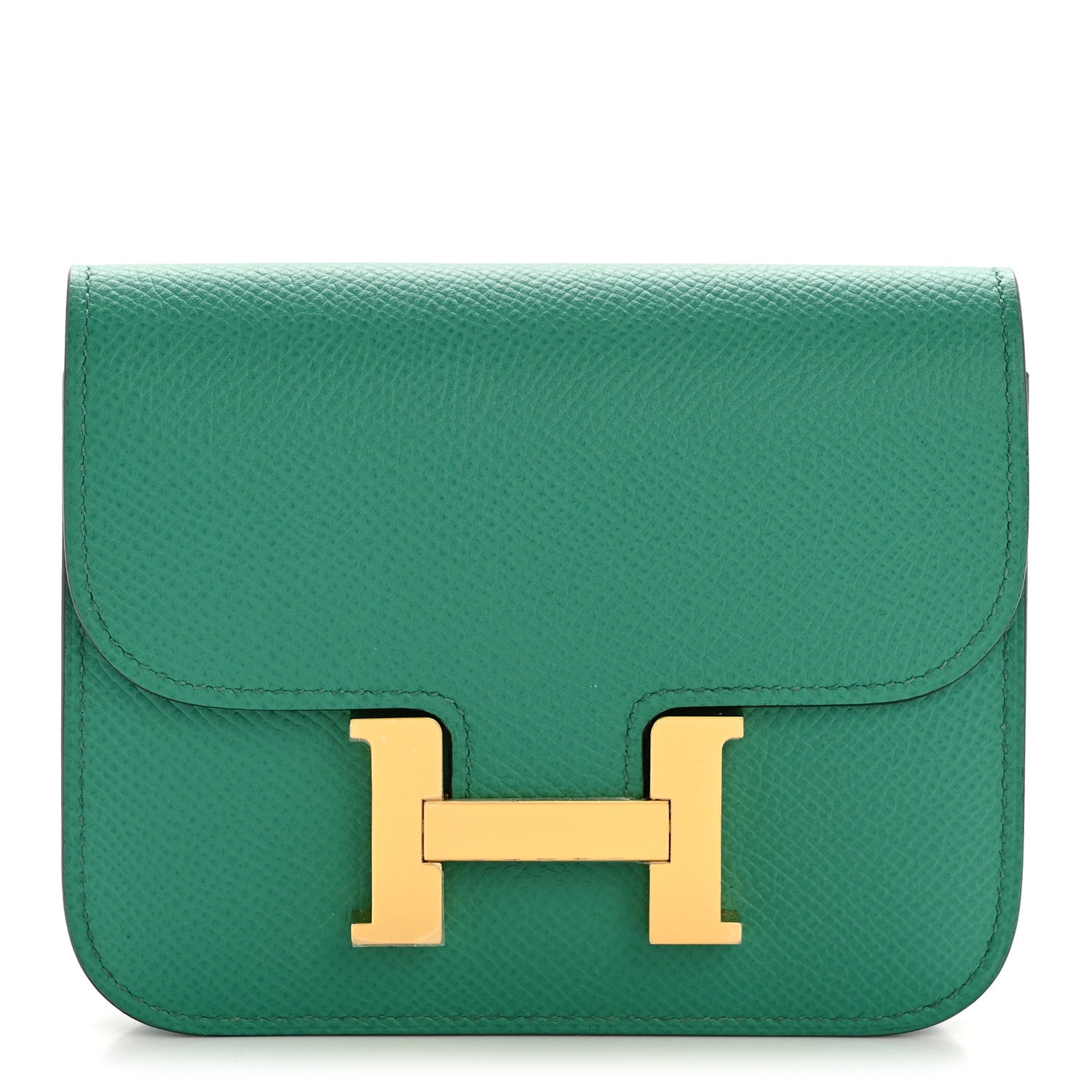 Hermes Constance Slim wallet in textured green leather with gold H clasp