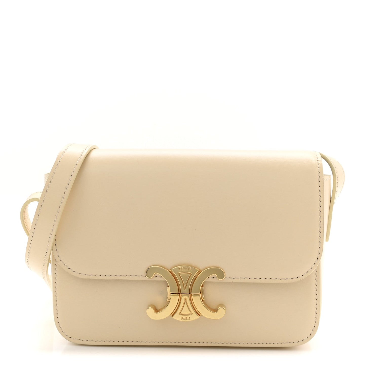 Nude shiny calfskin Celine Nano Triomphe shoulder bag with gold clasp front