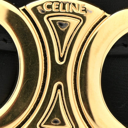 Celine Triomphe logo emblem on shiny black mini crossbody bag