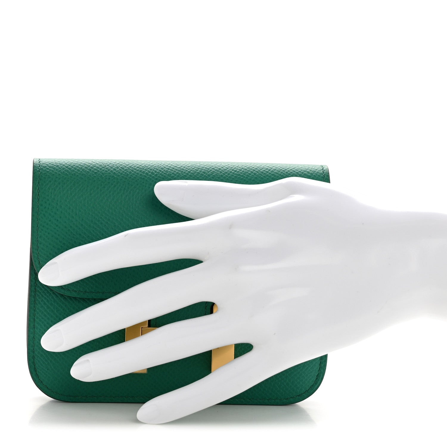 Green slim wallet with textured leather and gold H clasp detail