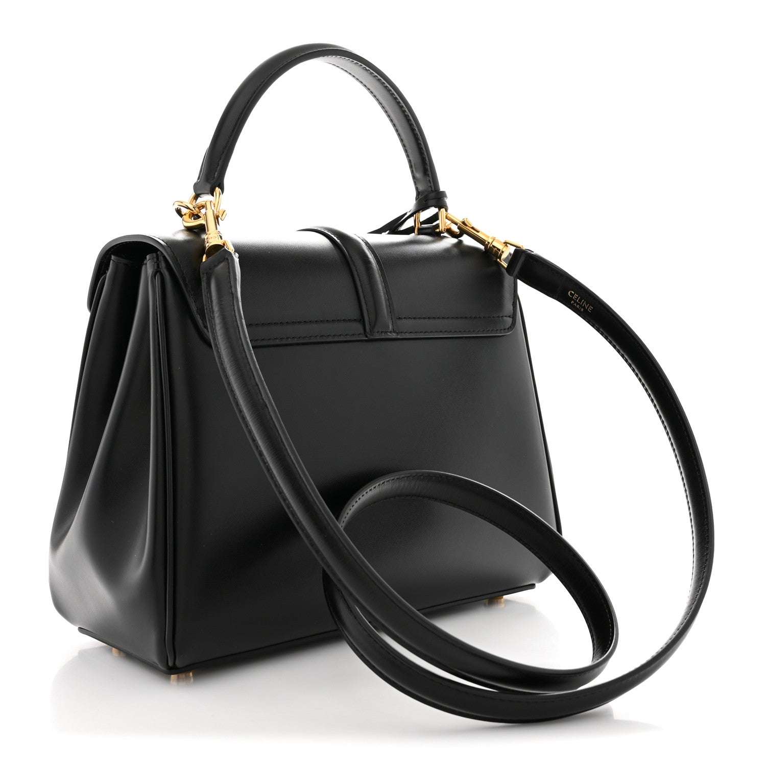 Black small top-handle satchel with long crossbody strap and gold-tone hardware