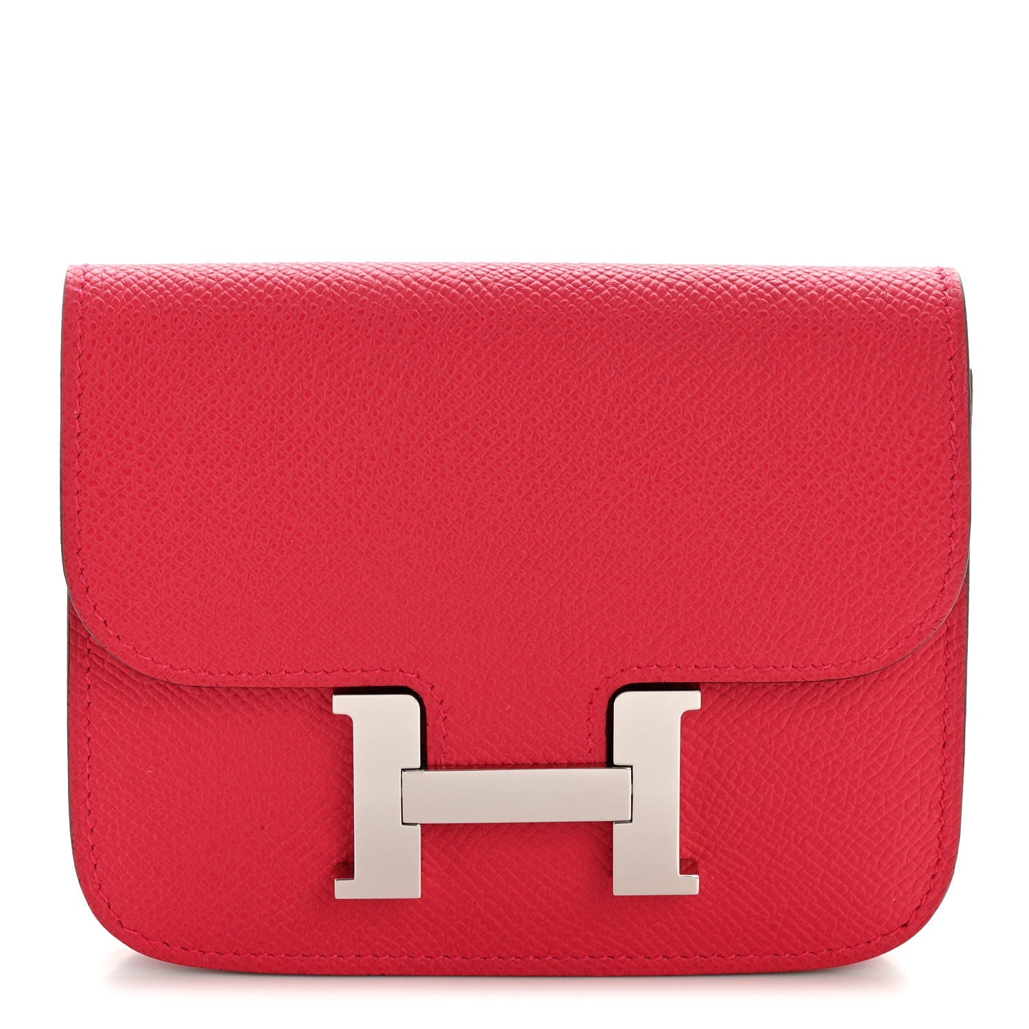 Hermes slim wallet in rose red textured leather with silver H clasp front flap