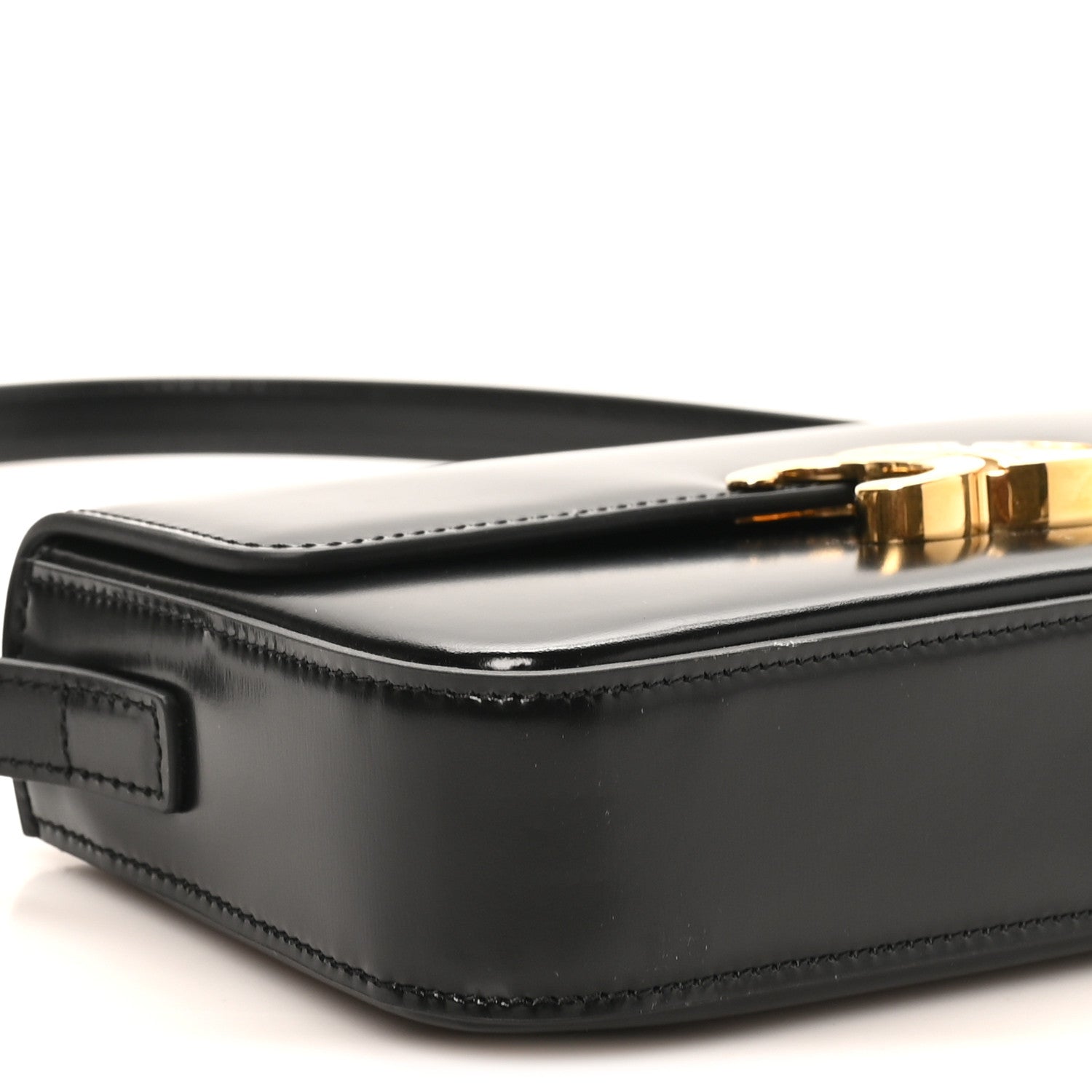 Black shiny calfskin shoulder bag corner with zipper and gold-tone hardware