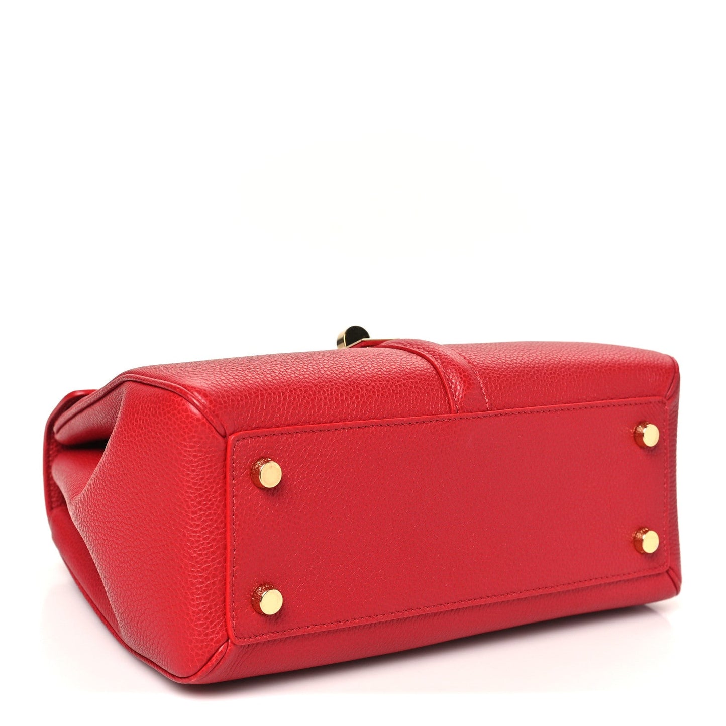 Celine small red bag with gold-toned corner studs and back panel.