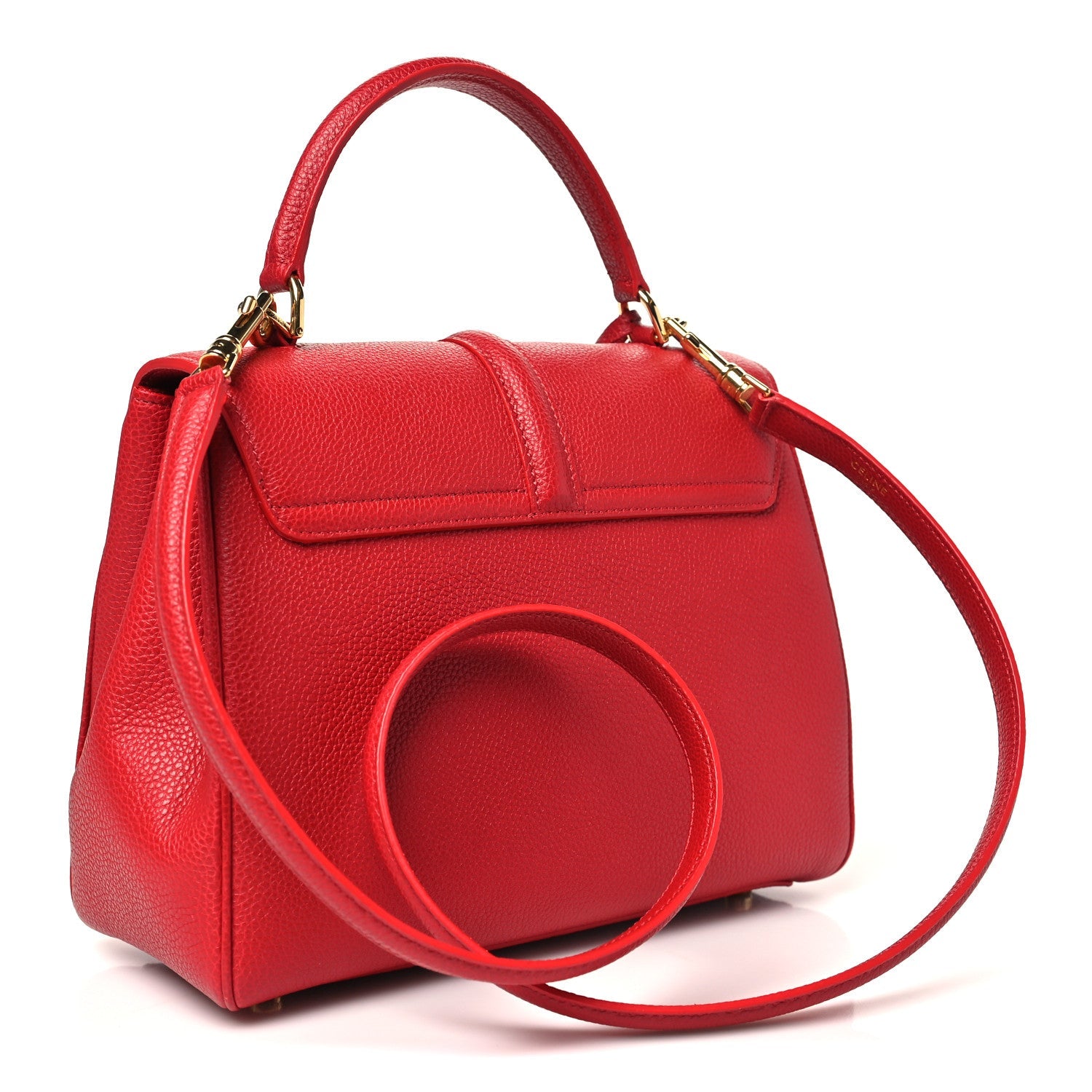 Celine small red grained calfskin bag with curved side strap detail.