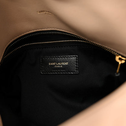 Saint Laurent Lambskin Quilted Small Loulou Puffer Monogram Chain Satchel Dark Beige