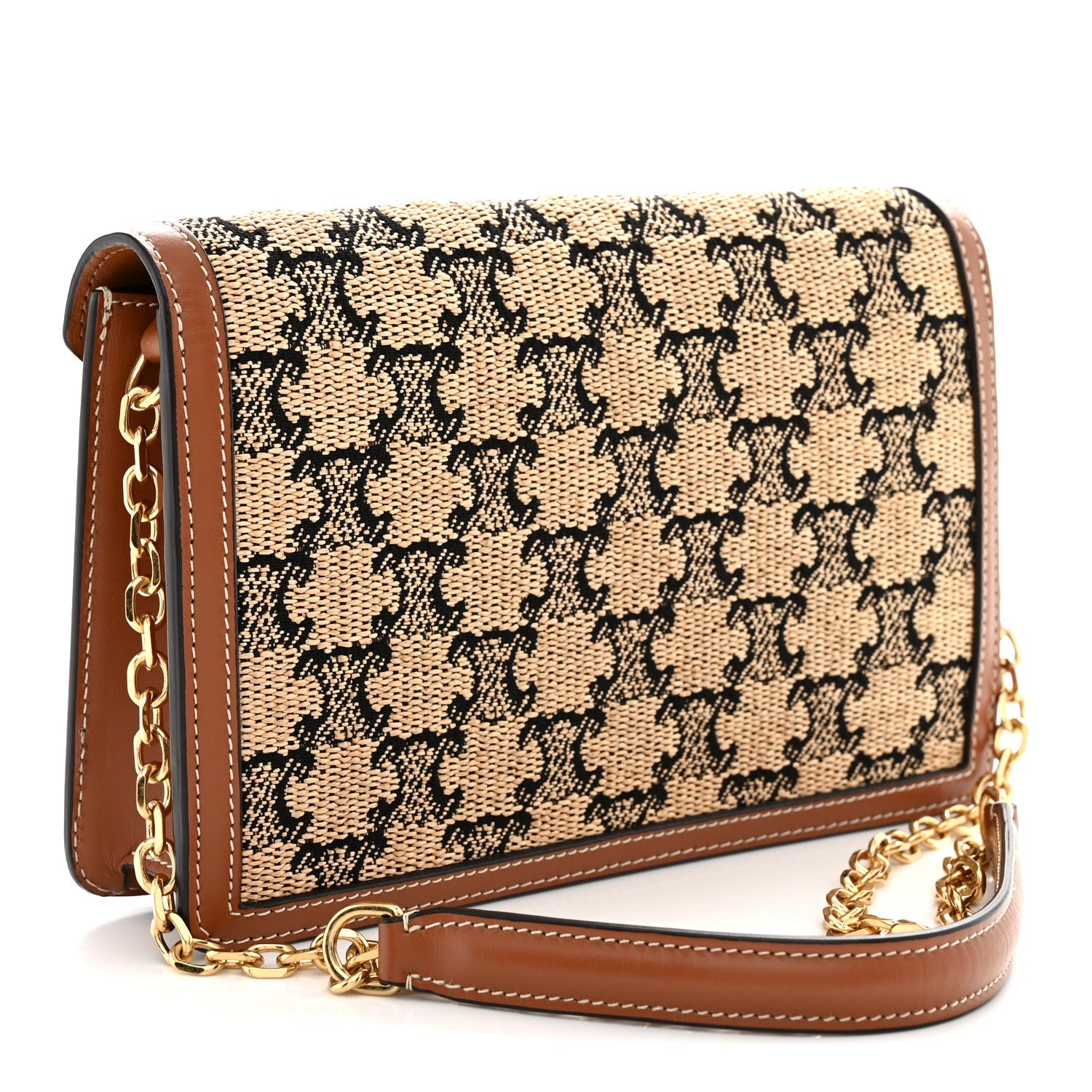 Tan Triomphe wallet on chain with jacquard pattern and gold-tone chain