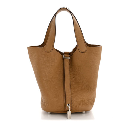 Picotin Lock 18 PM Taurillon Clemence Leather Bucket Bag Biscuit