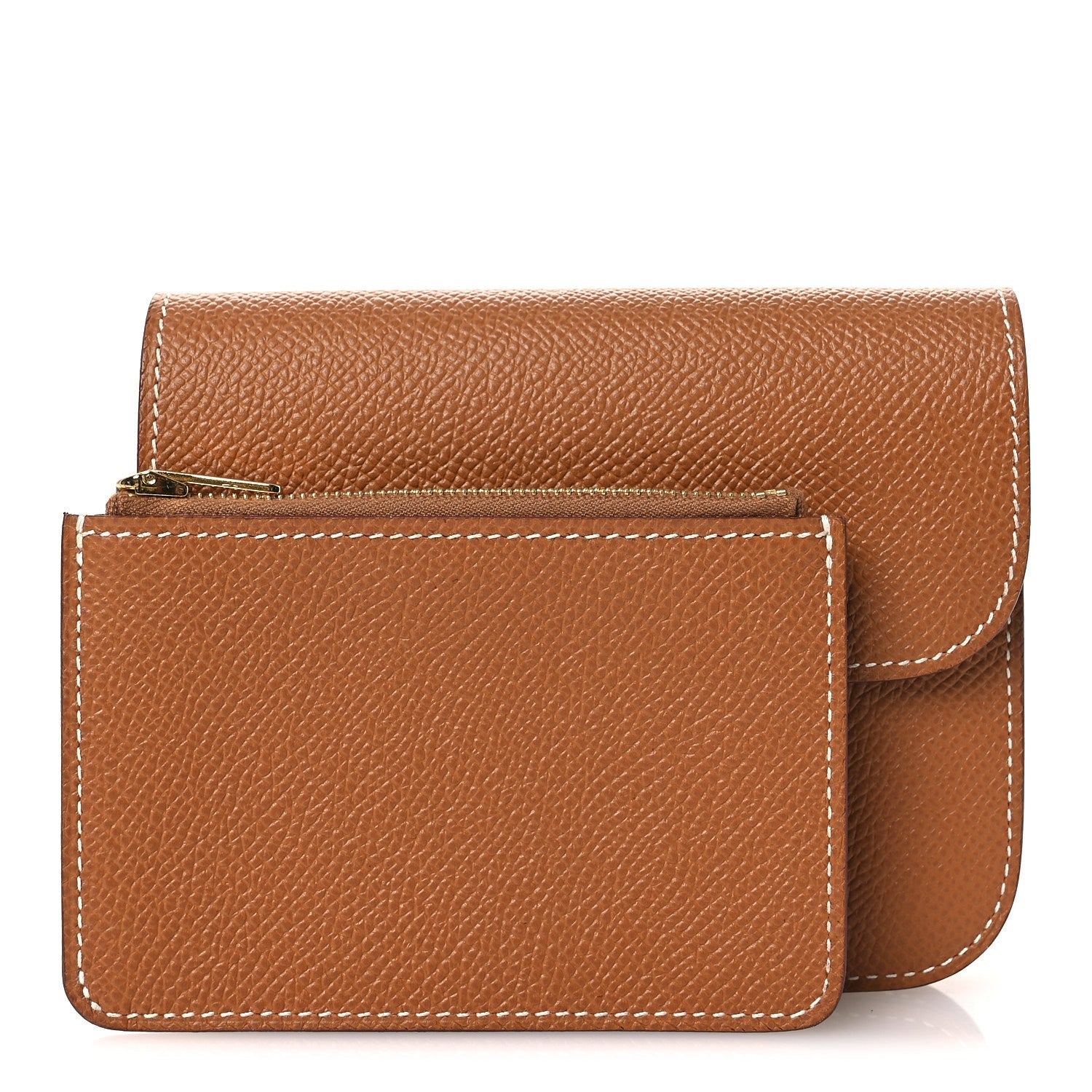 Constance slim wallet with front pocket opening and flap in textured tan leather