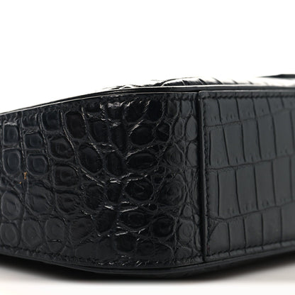 SAINT LAURENT Calfskin Crocodile Embossed Le 5 A 7 Hobo Shoulder Bag Black
