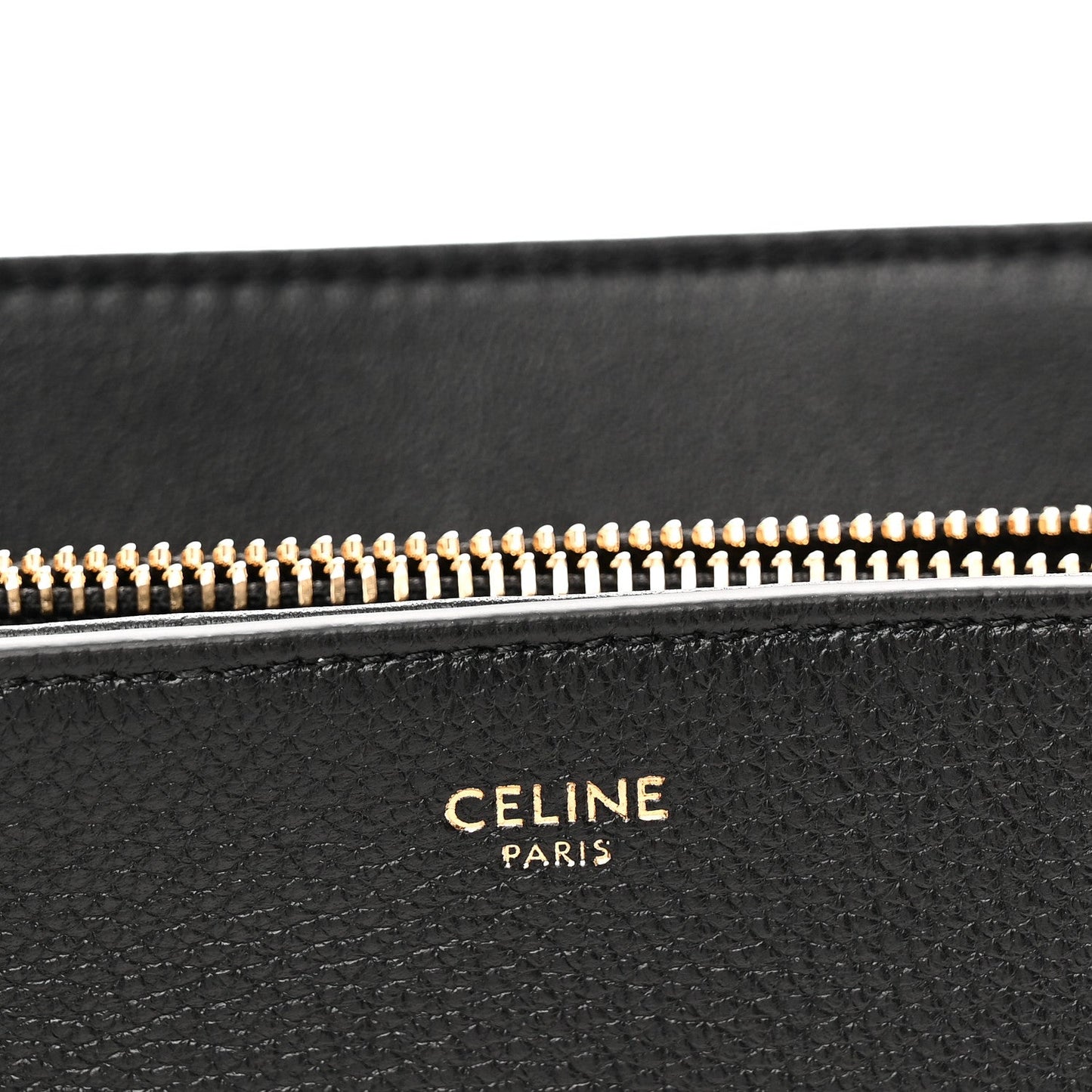 Black leather zipper lining with CELINE PARIS logo lettering