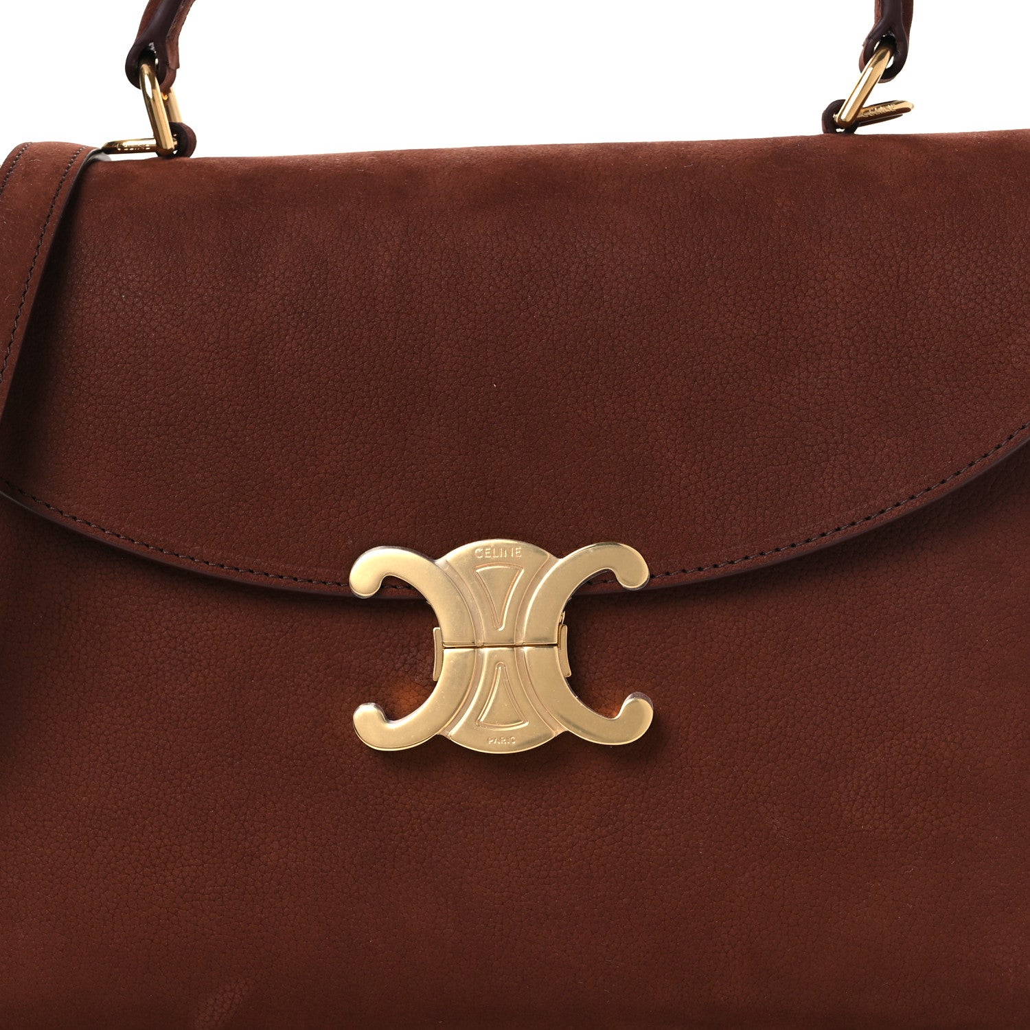 Chestnut flap bag with gold Celine logo clasp and top handles.