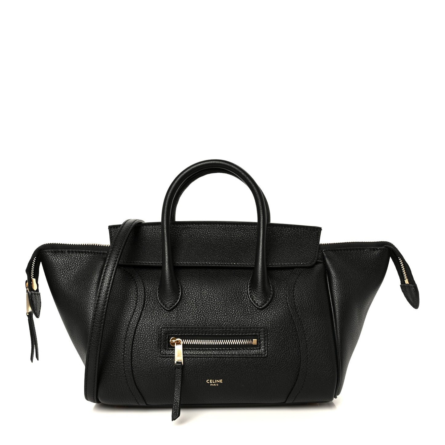 Celine grained calfskin tote bag in black, front zip pocket and top handles