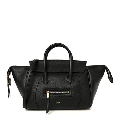 Celine grained calfskin tote bag in black, front zip pocket and top handles