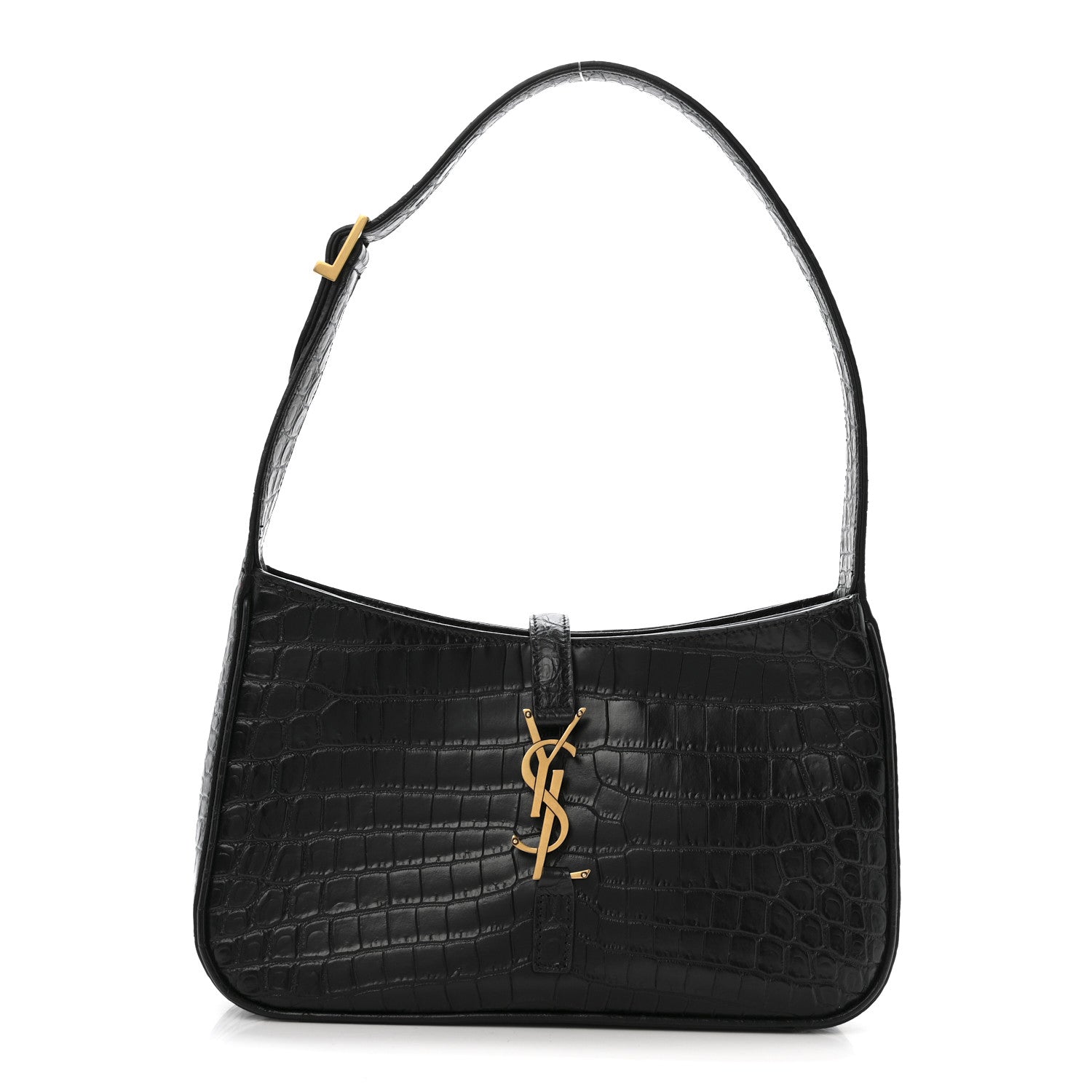 Saint Laurent Calfskin Crocodile Embossed Le 5 A 7 Hobo Bag Black