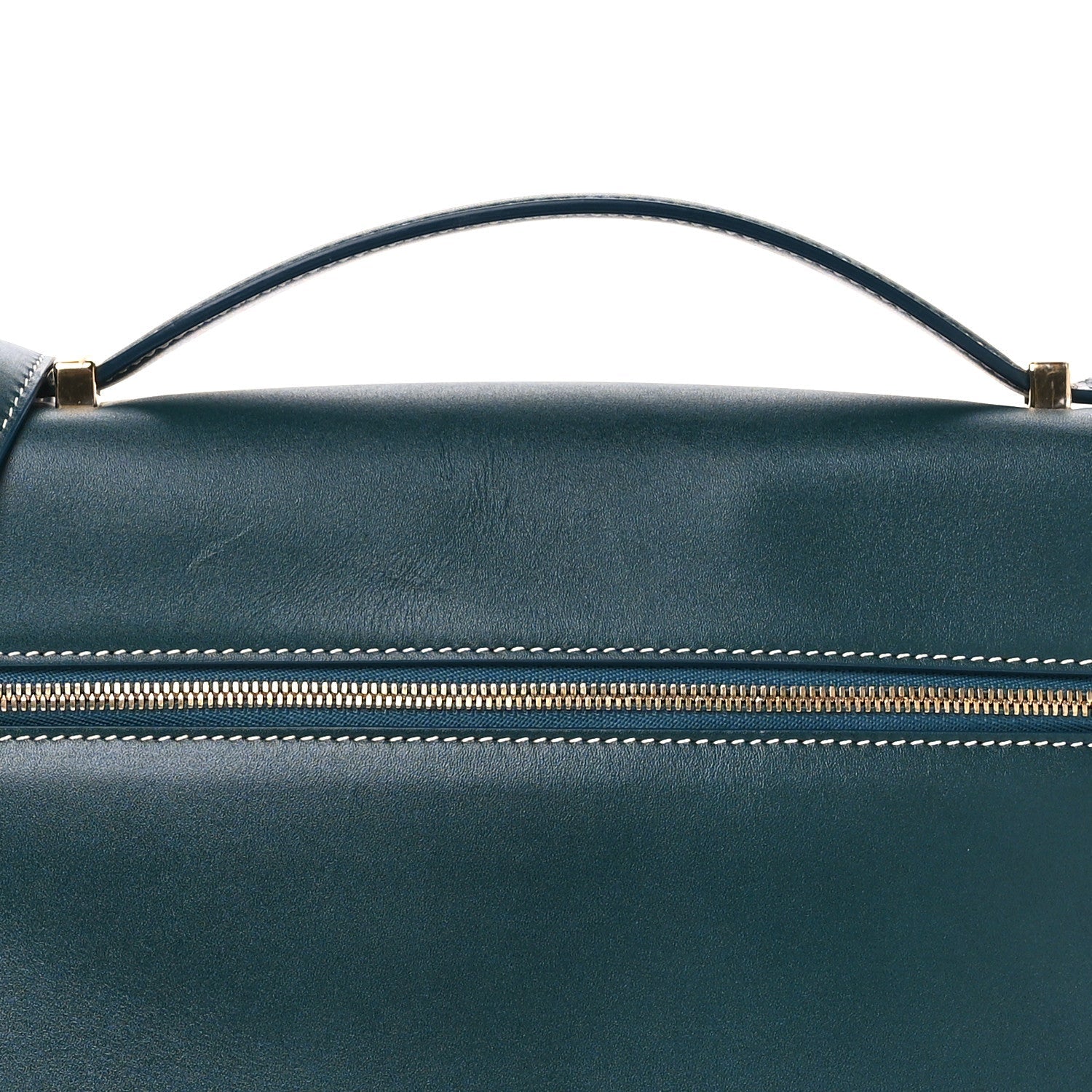 Petrolio teal leather bag top with arched handle and striped zipper trim