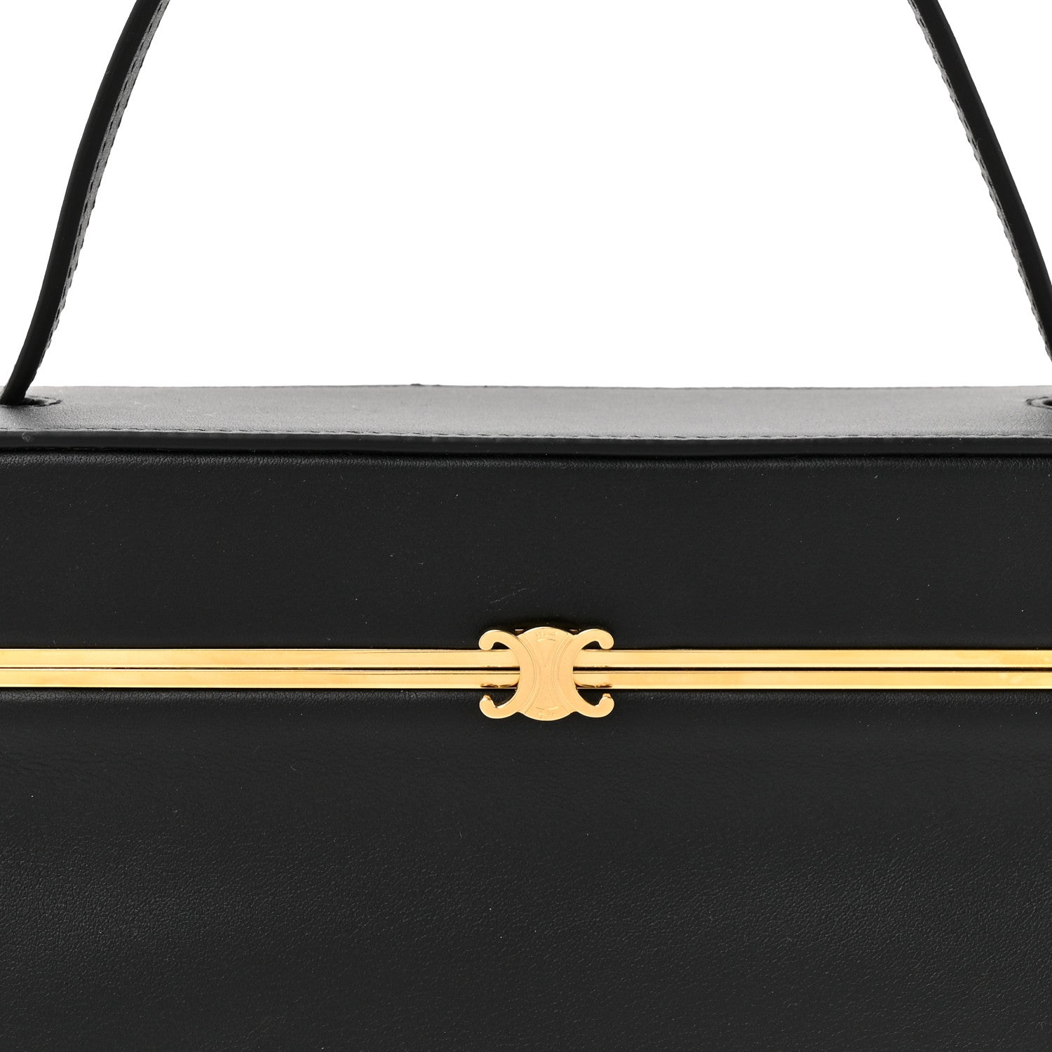 Black leather rectangle bag front latch with gold-tone bar and emblem