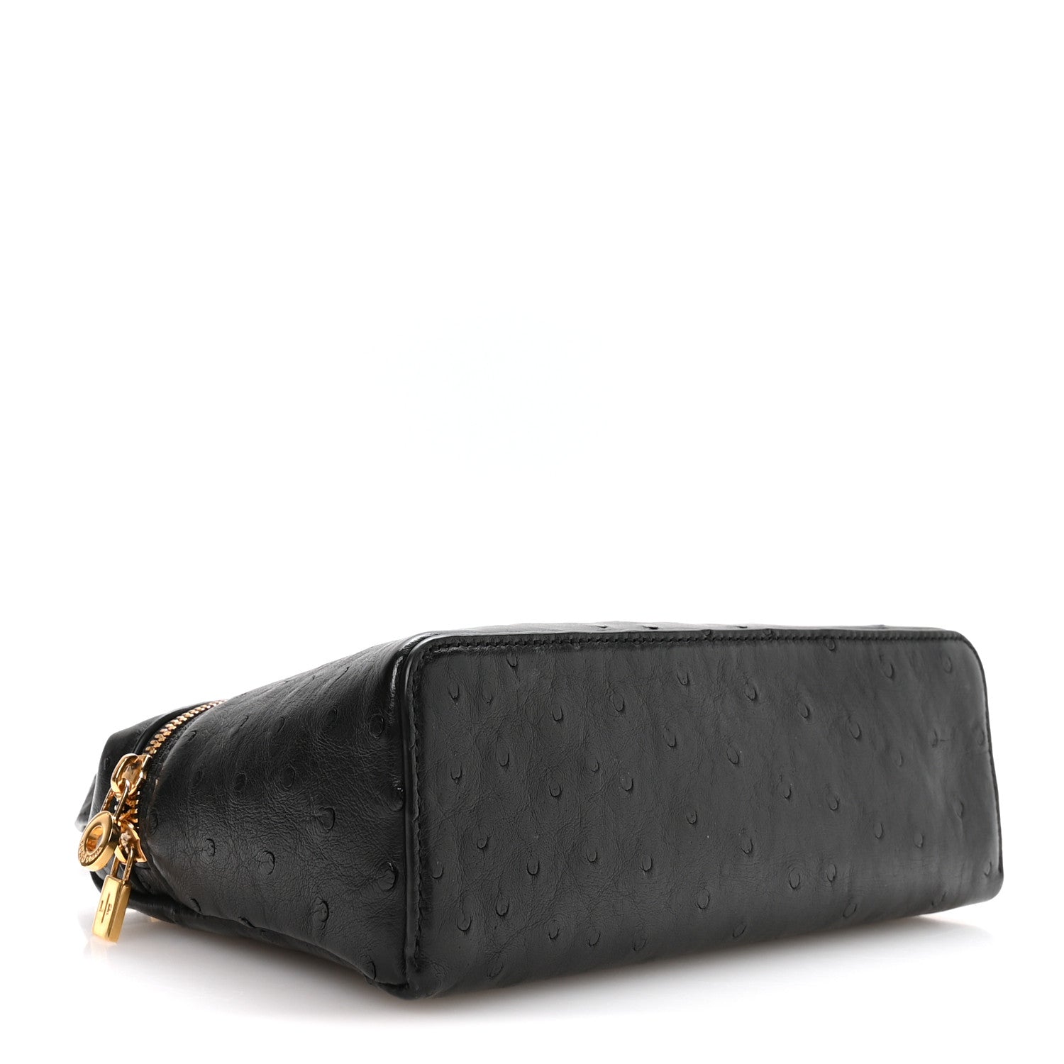 Black ostrich pocket pouch with gold-tone zipper and curved front profile