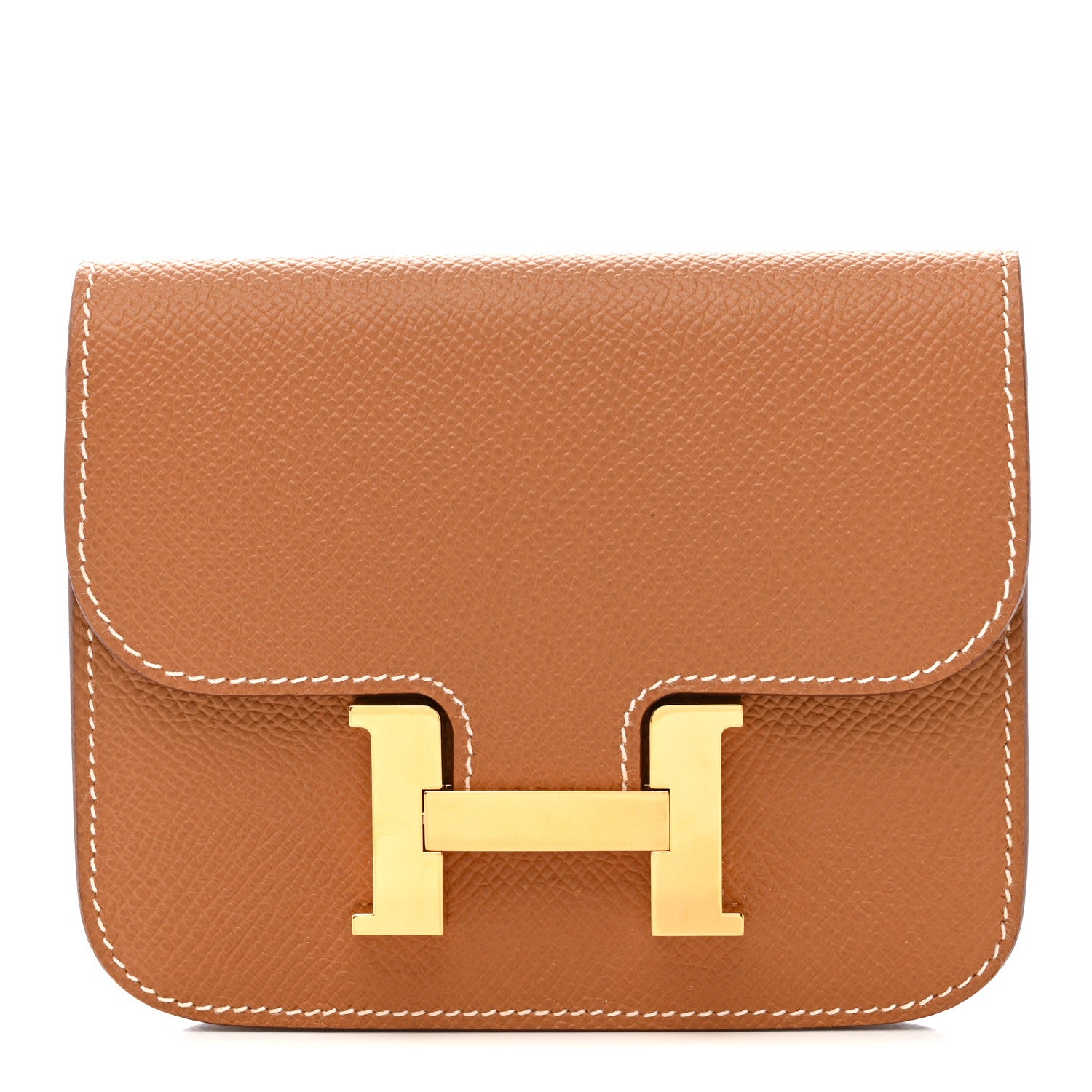 Hermes Constance slim wallet, top flap with gold-tone H clasp on textured brown leather