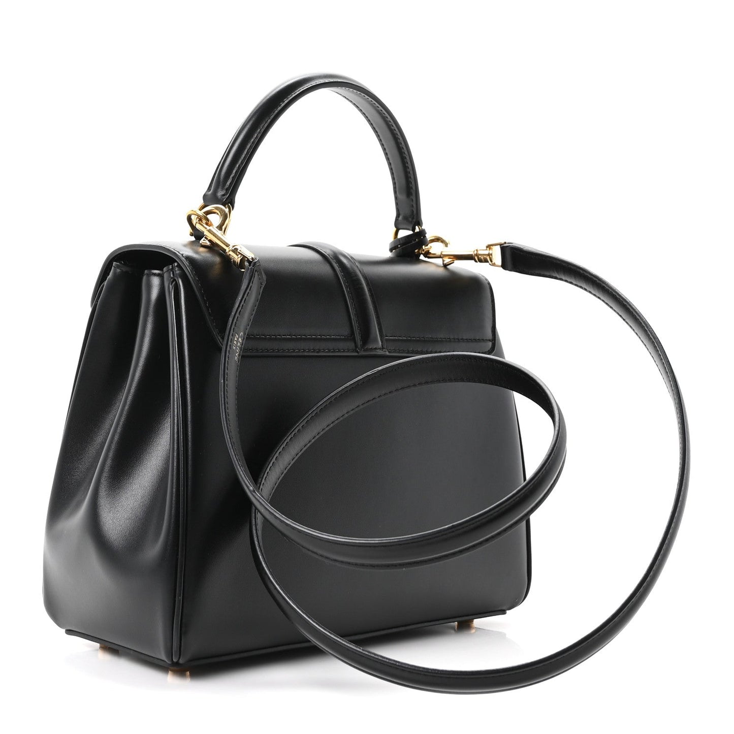 Celine mini top-handle bag in black leather with gold chain strap and front flap