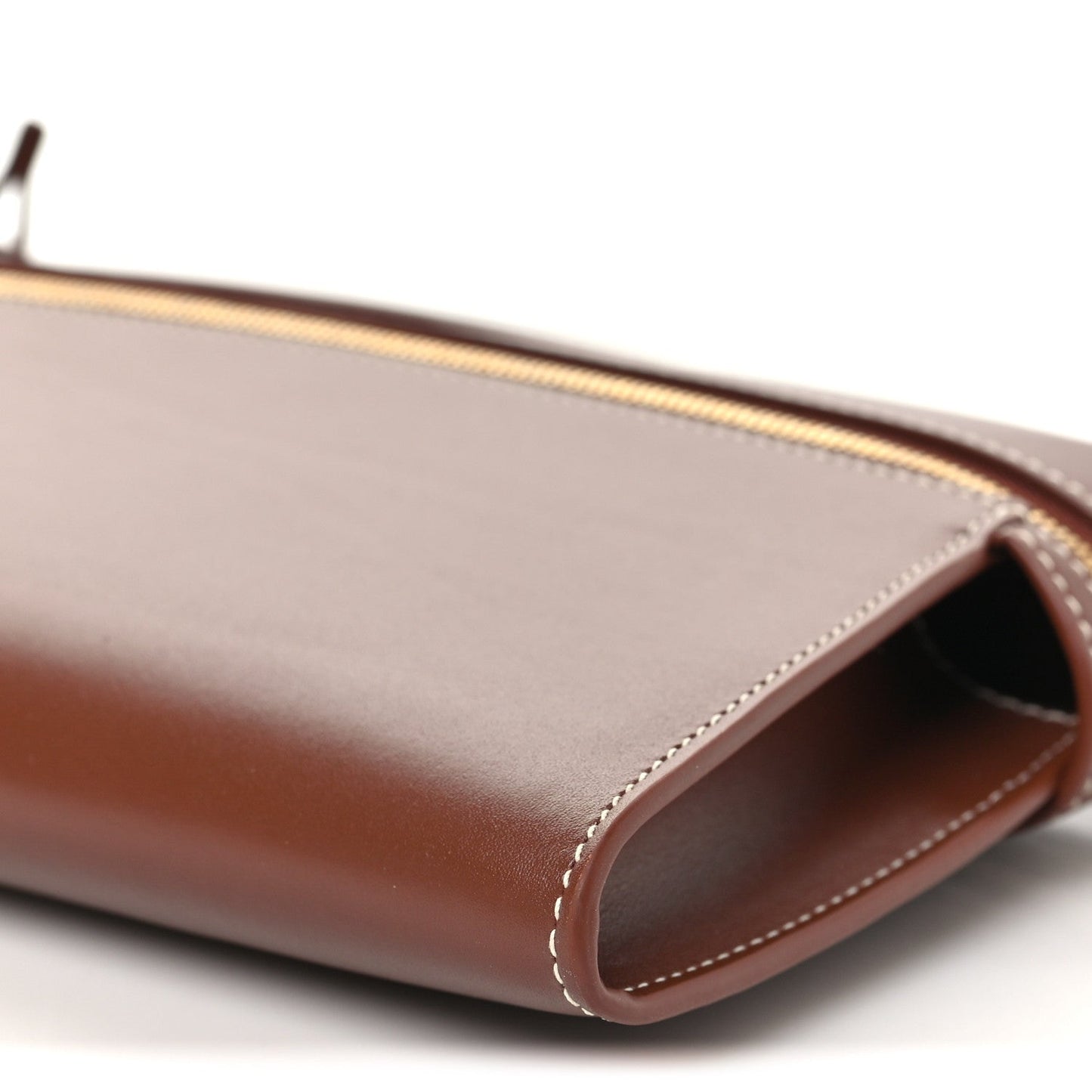 Loro Piana smooth calfskin clutch end view with brown leather edge trim