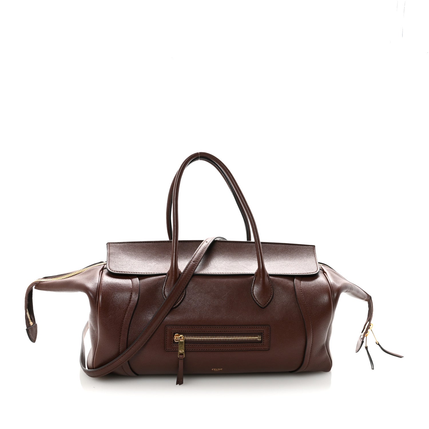 Shiny lambskin medium handbag in dark brown with top handles and front zip pocket