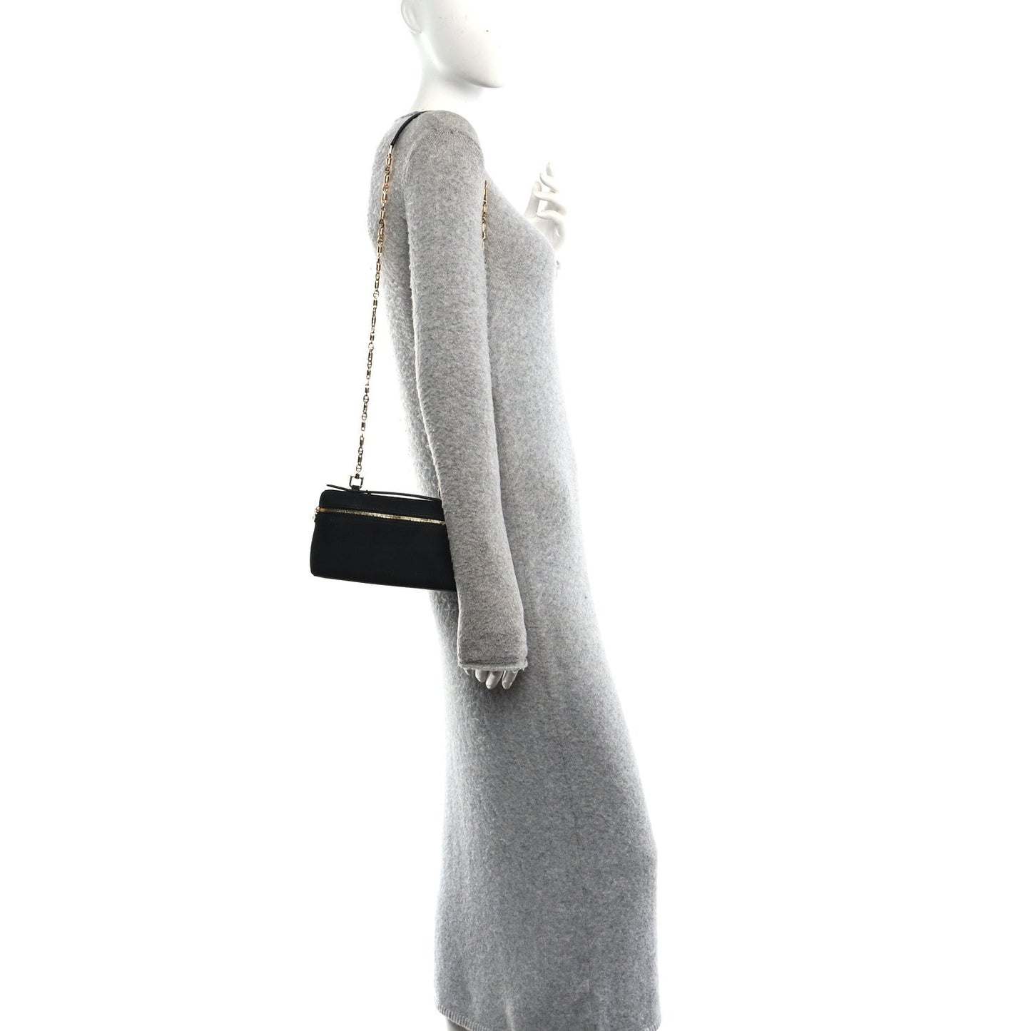 Black nubuck pouch with chain strap and top handle, side view