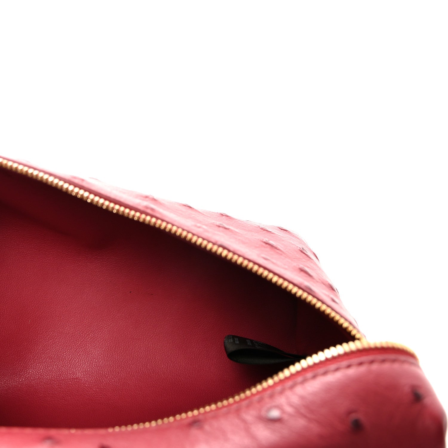 Loro Piana ostrich pouch fuchsia, open top with gold zipper and red interior
