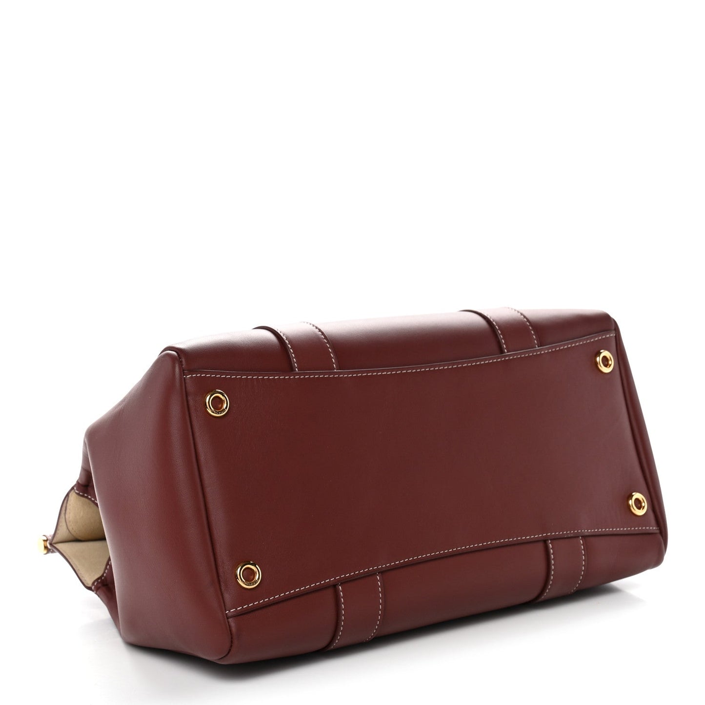 Calfskin tote with gold snap hardware and flap seam, dark brown, short handles