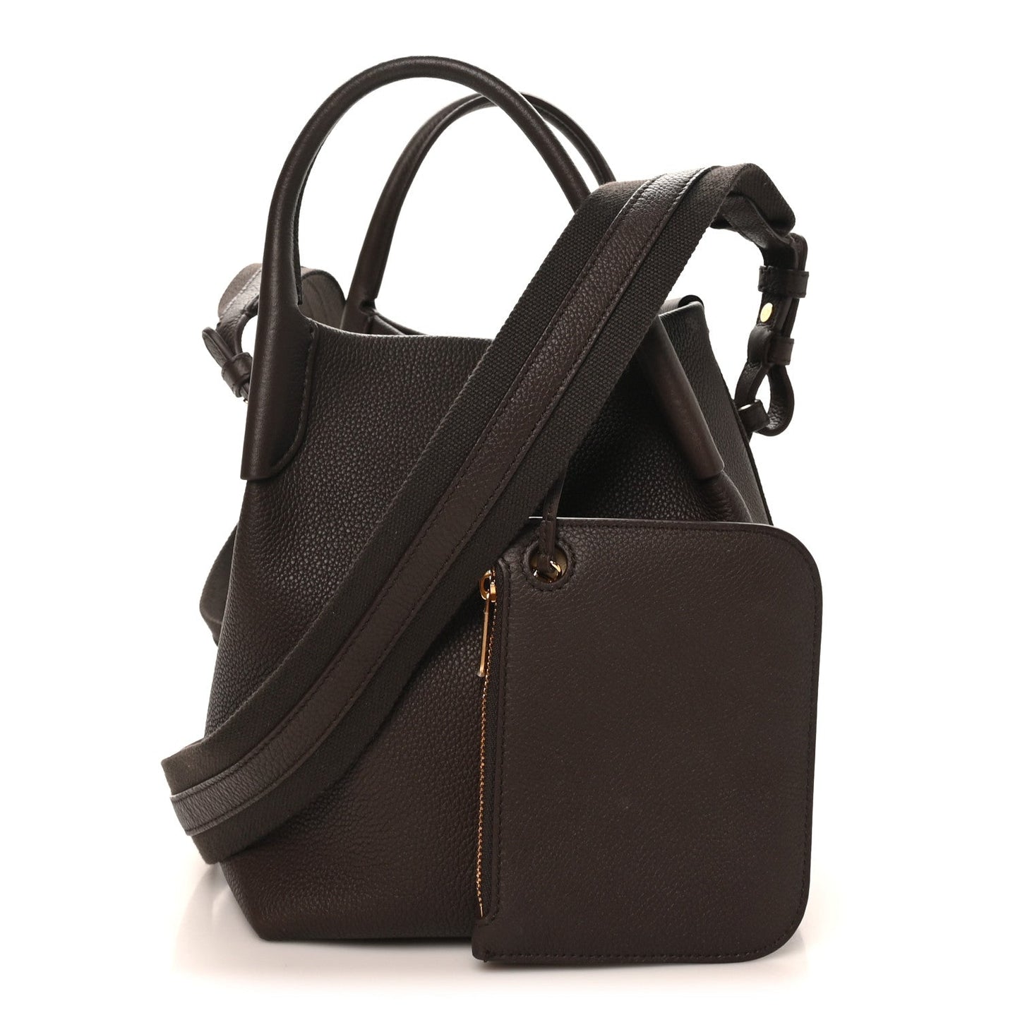Dark brown small bale bag with shoulder strap and front zipped mini pouch